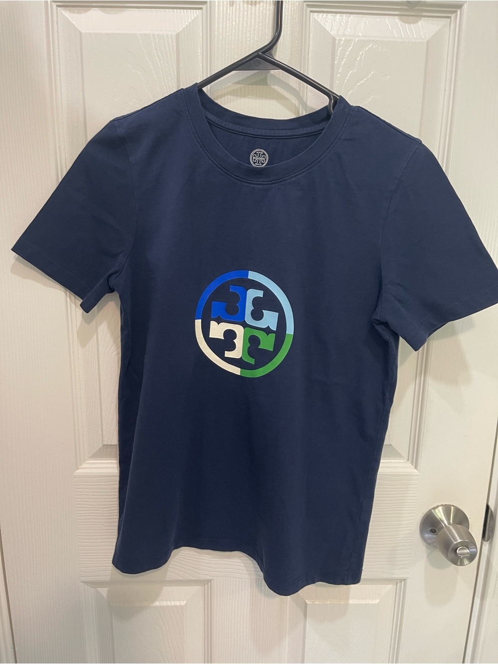 Tory Burch Navy Short Sleeve Logo Tee with Blue and Green Accent size Small